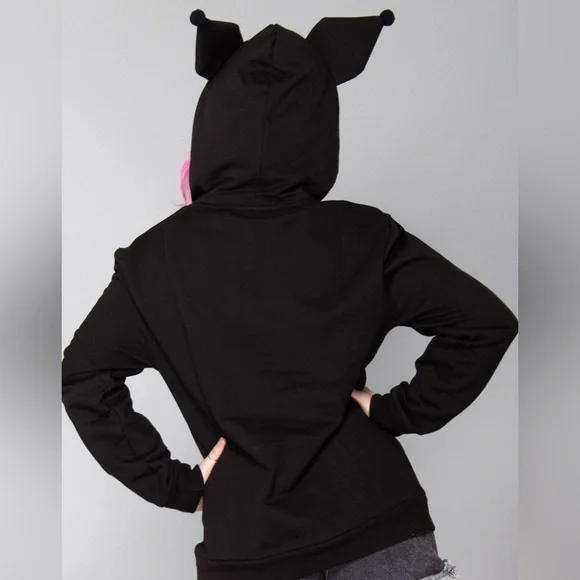 Kuromi Hoodie Plush Ear Sanrio Cosplay Kawaii Anime Black Hoodie Pullover S NWT - Picture 3 of 9